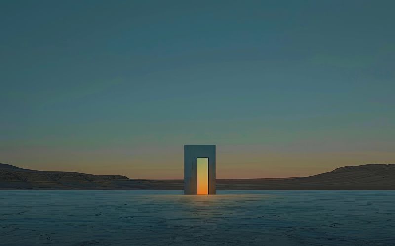 A large rectangular doorway stands alone in a vast, empty desert at dusk, with warm light glowing through the opening—inviting curiosity much like asking, "What Is Family Mediation?"—while cool blue tones dominate the landscape and sky.